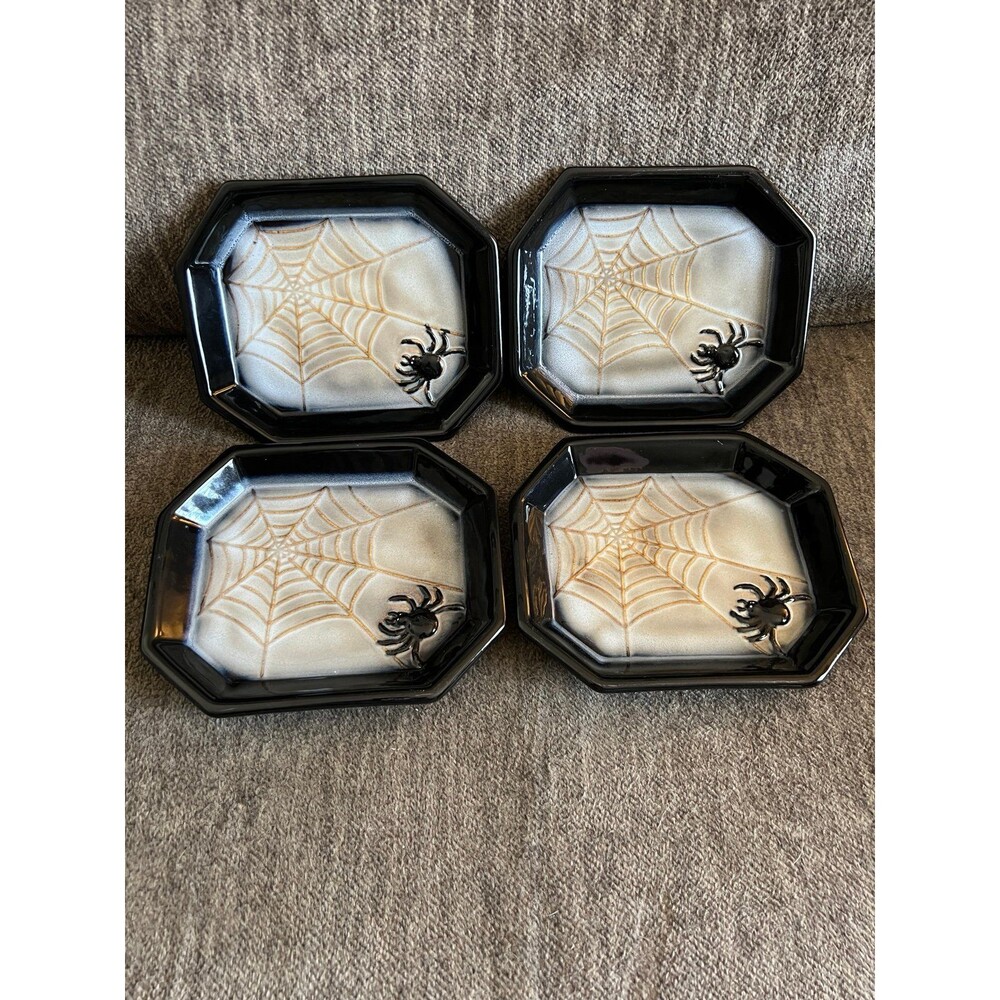 Set of 4 Ceramic Halloween Spider Web Appetizer Plates - 6.5" x 5"